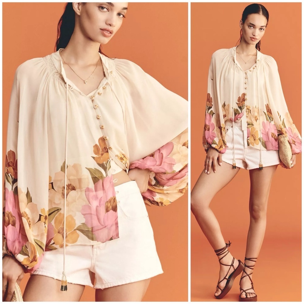 FARM Rio Cream Floral Kimono Blouse with Pink & Gold Accents